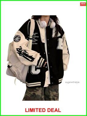 Y2K Vintage Oversized Bomber Jacket Letter Print Snap Closure Pockets